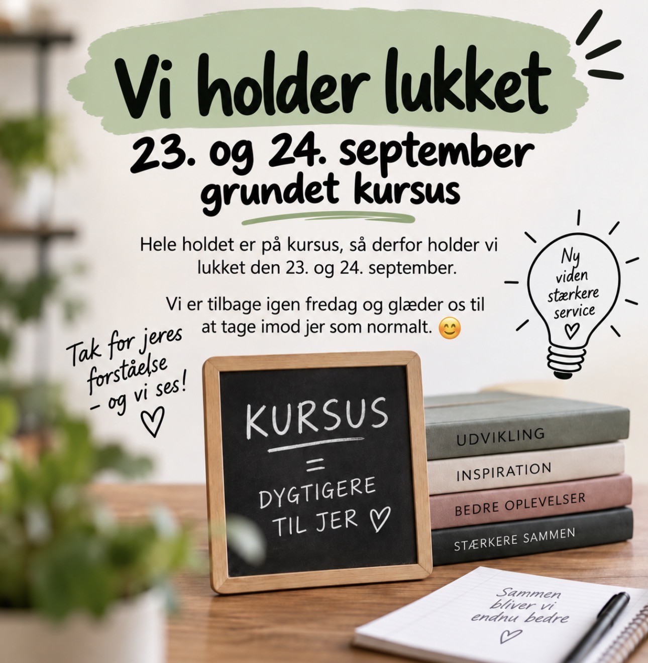 Vi holder lukket onsdag og torsdag på grund af kursus. Ordrer behandles og sendes fredag.